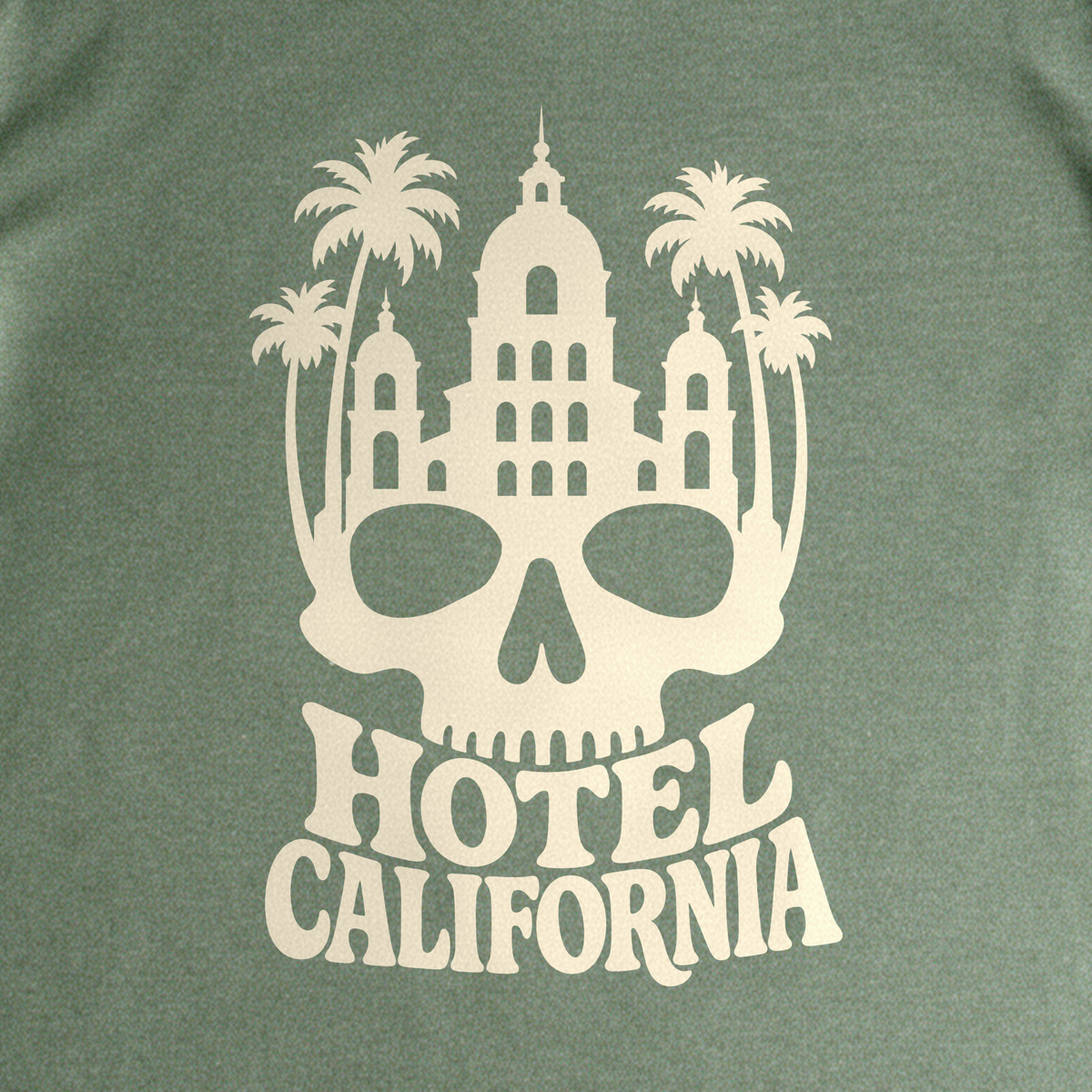 Hotel California Tee - Military Green close-up print