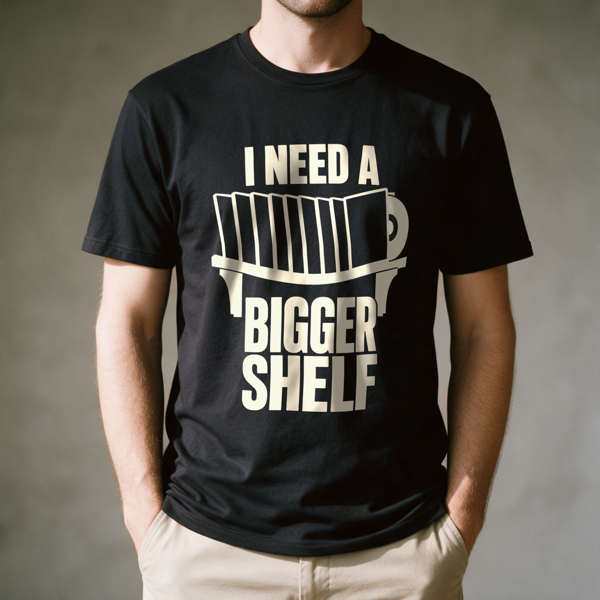 I Need a Bigger Shelf Tee - Black draagfoto
