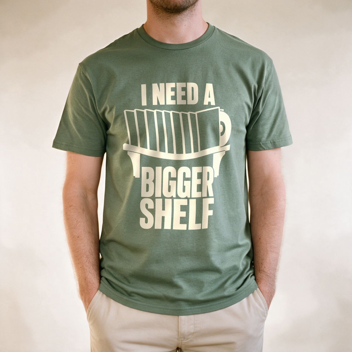 I Need a Bigger Shelf Tee - Military Green draagfoto