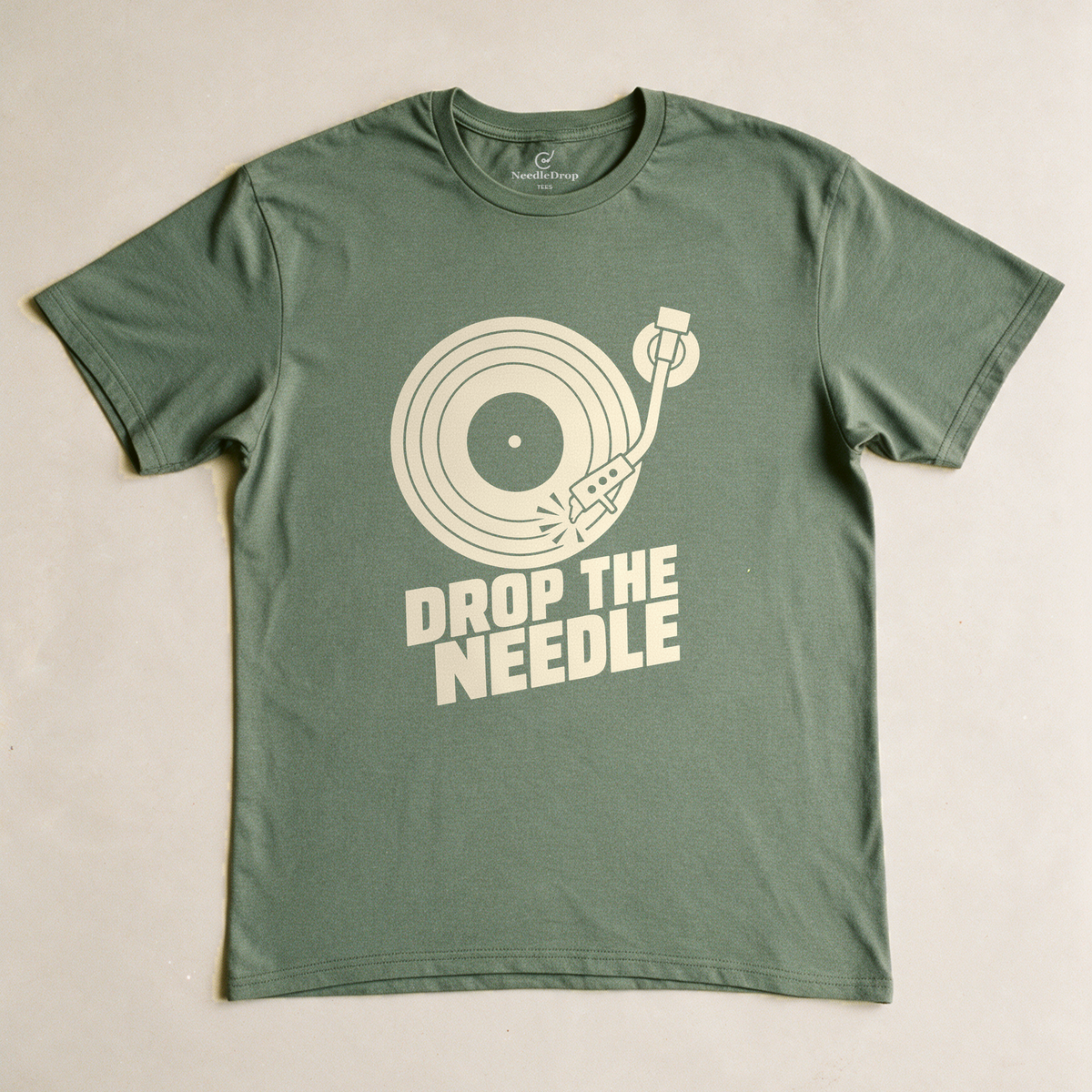 Drop the Needle Tee - Military Green flatlay