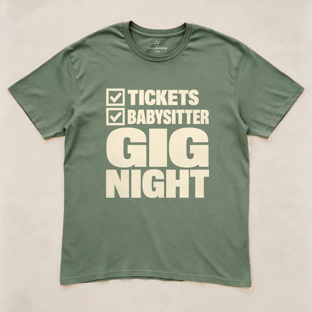 Gig Night Checklist Tee - Military Green flatlay