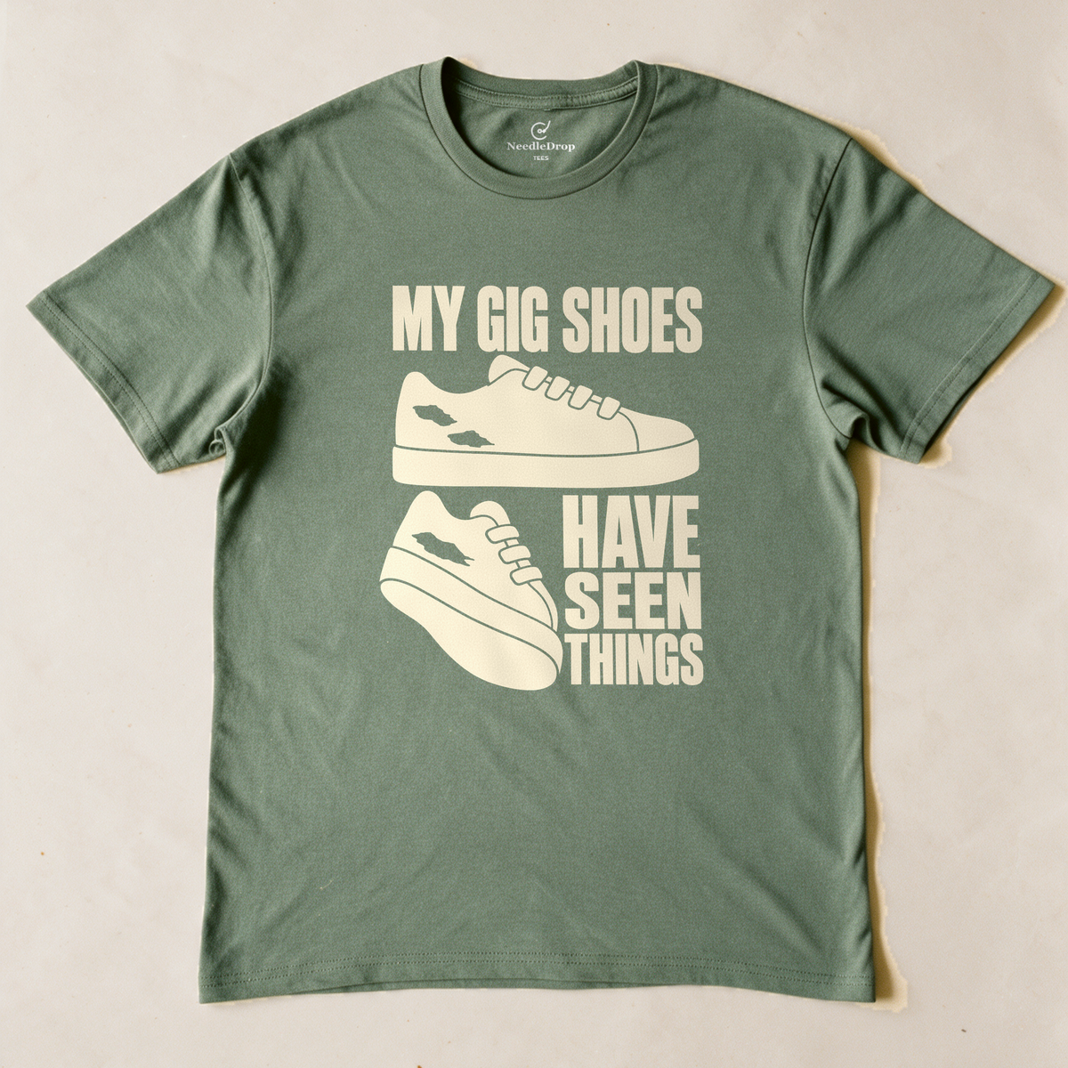 My Gig Shoes Have Seen Things Tee - Military Green flatlay