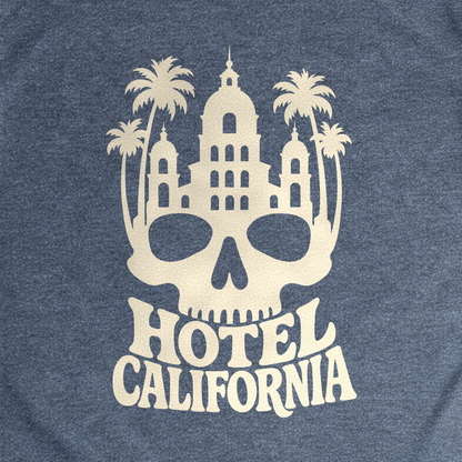 Hotel California Tee - Dark Heather Grey close-up print