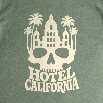 Hotel California Tee - Military Green close-up print