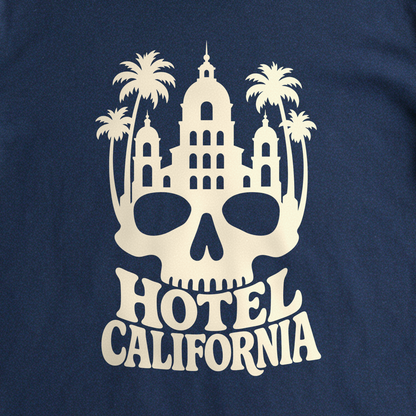Hotel California Tee - Navy close-up print