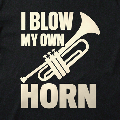 I Blow My Own Horn Tee - Black close-up print