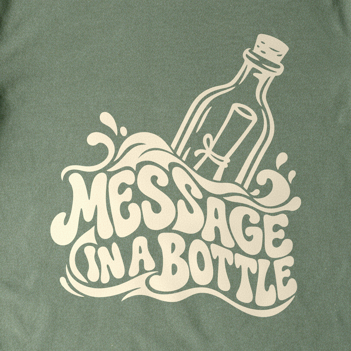 Message in a Bottle Wave Tee - Military Green close-up print