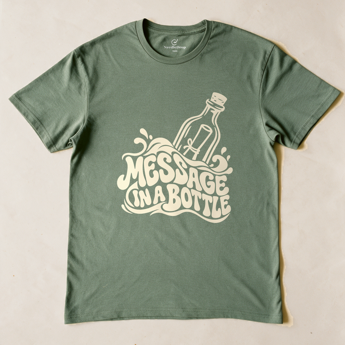 Message in a Bottle Wave Tee - Military Green flatlay