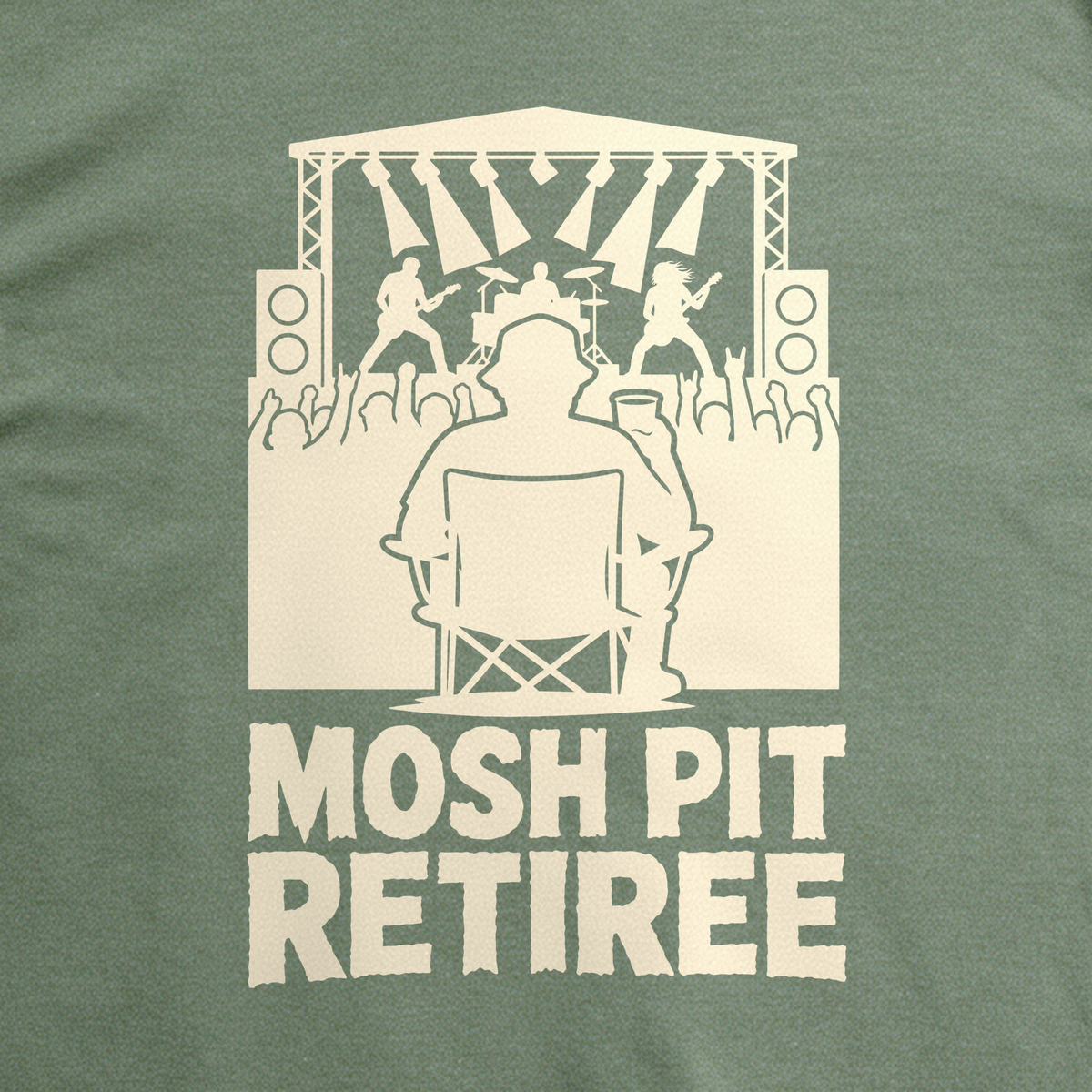Mosh Pit Retiree Tee - Military Green close-up print