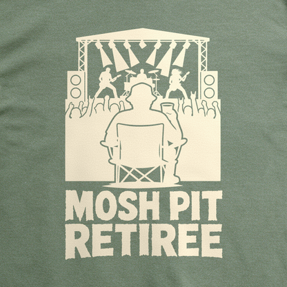 Mosh Pit Retiree Tee - Military Green close-up print