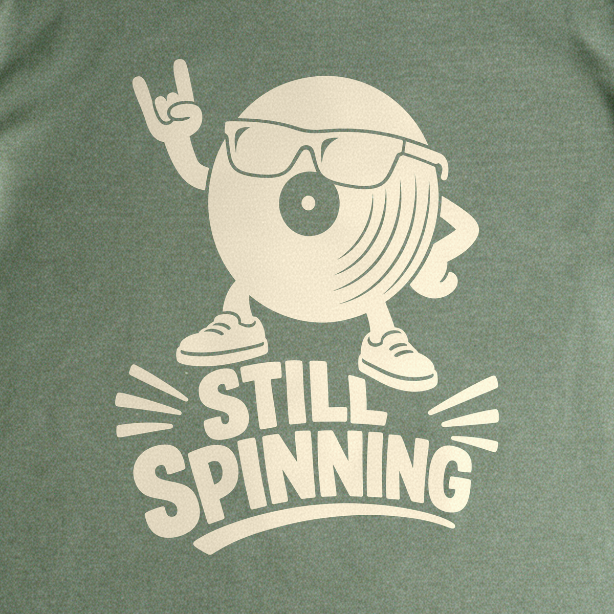 Still Spinning Tee - Military Green close-up print