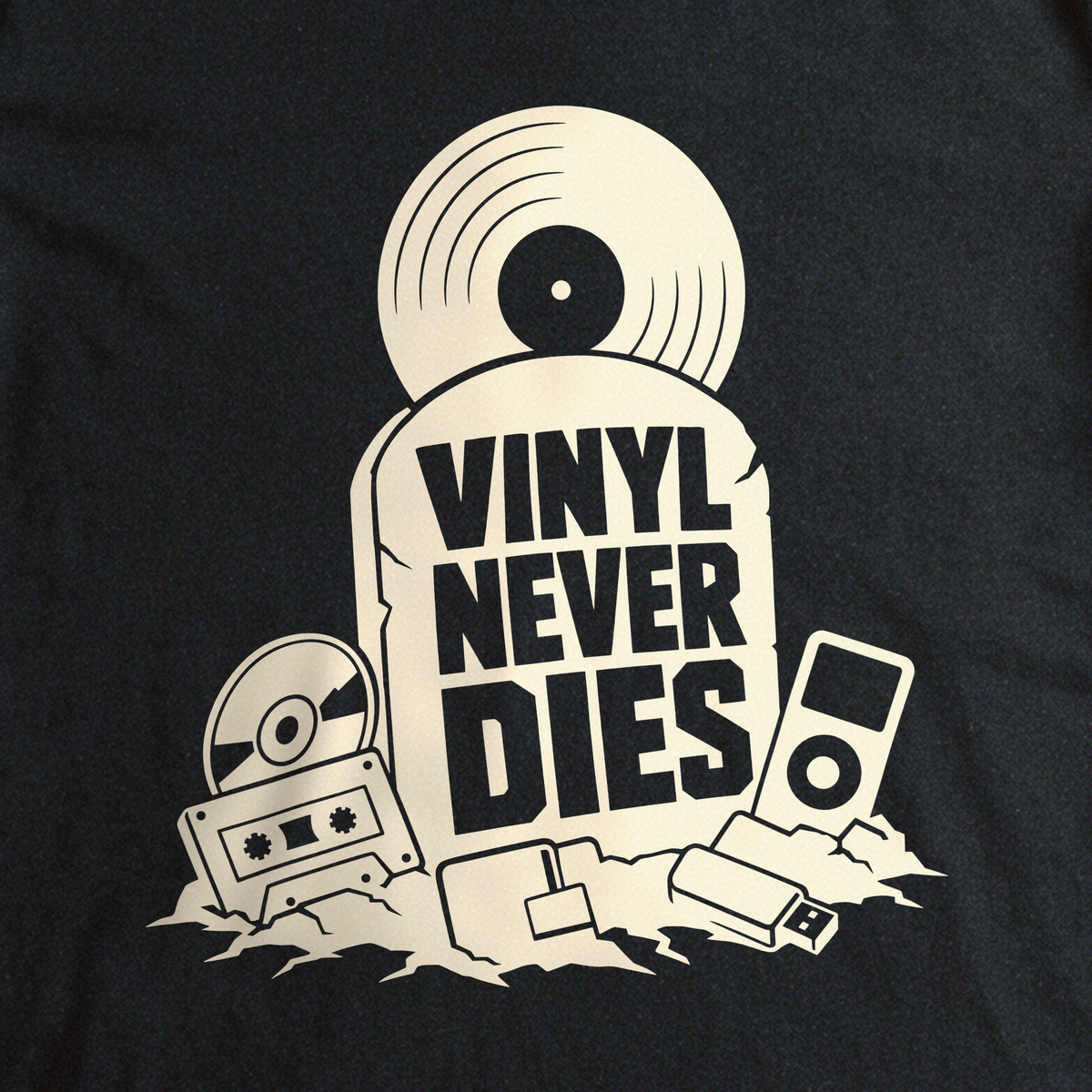 Vinyl Never Dies Tee - Black close-up print