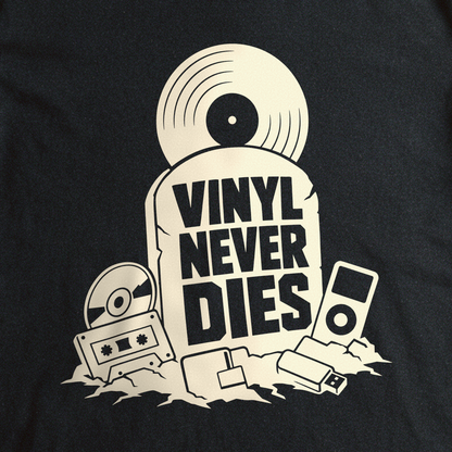 Vinyl Never Dies Tee - Black close-up print