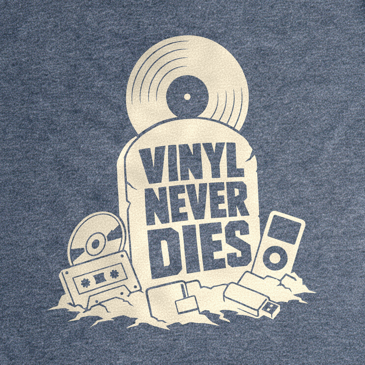 Vinyl Never Dies Tee - Dark Heather Grey close-up print