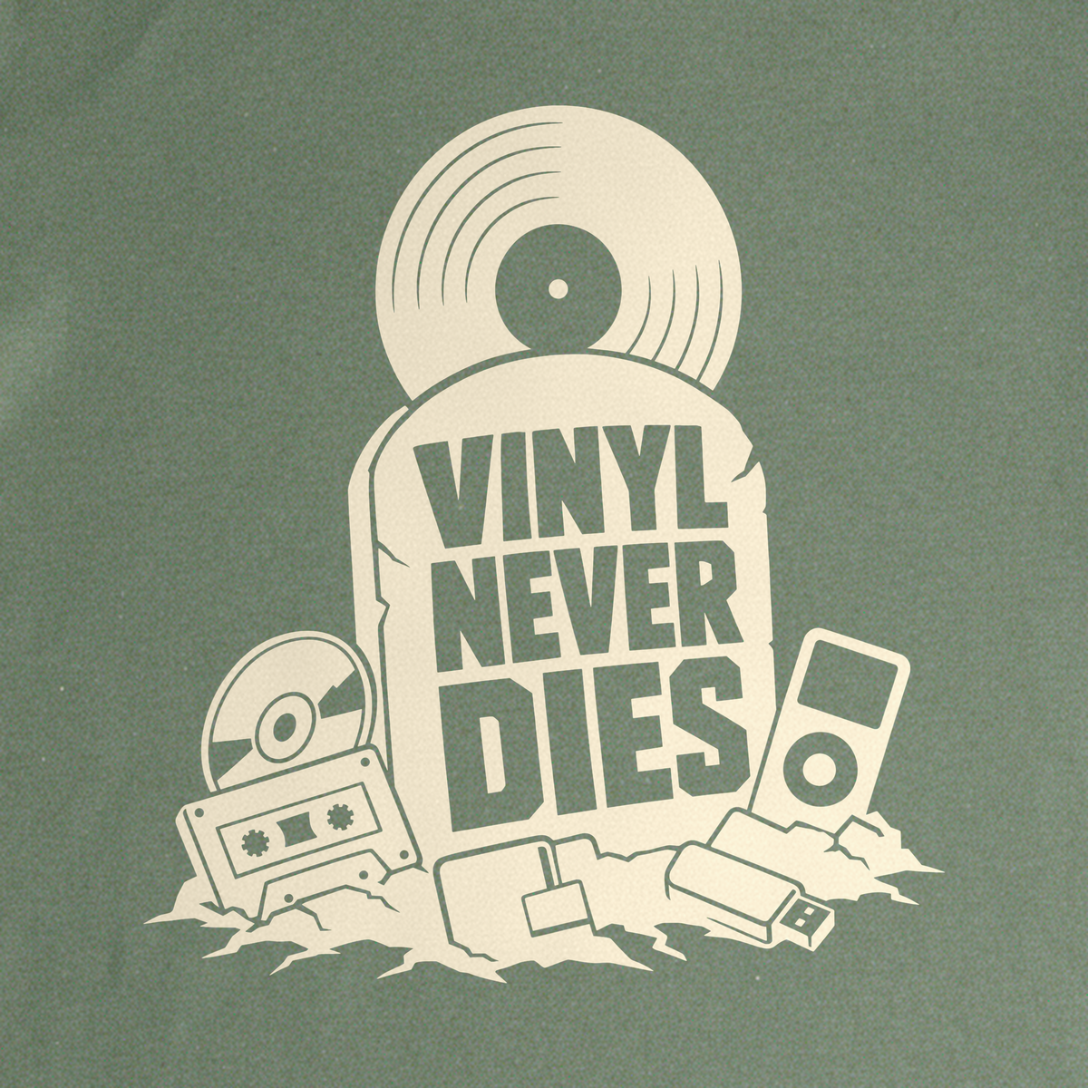 Vinyl Never Dies Tee - Military Green close-up print