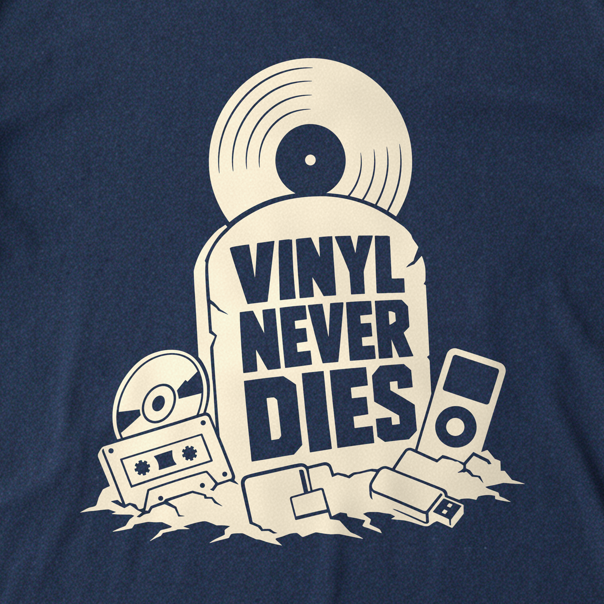 Vinyl Never Dies Tee - Navy close-up print