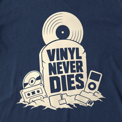 Vinyl Never Dies Tee - Navy close-up print
