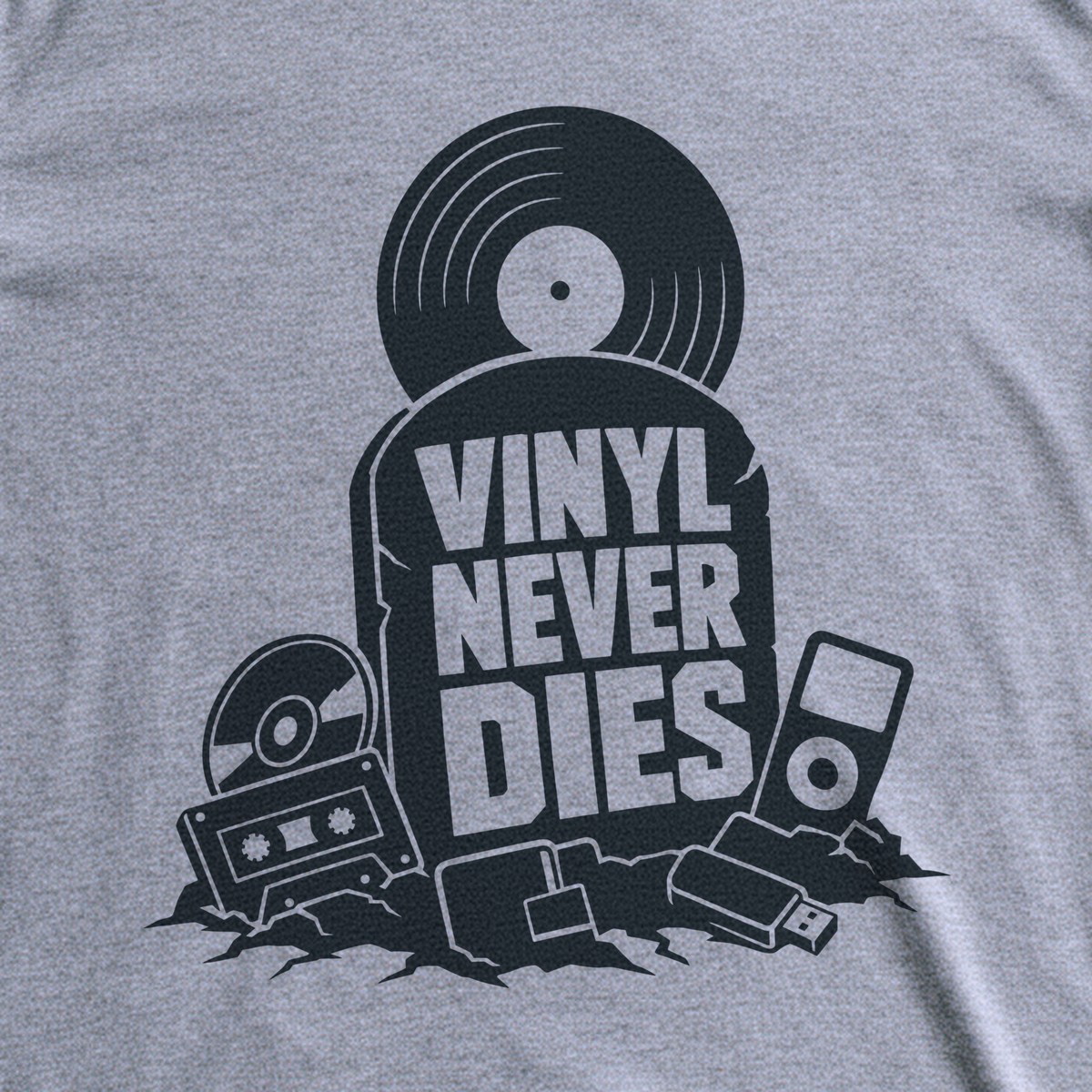 Vinyl Never Dies Tee - Sport Grey close-up print