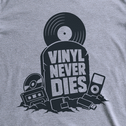 Vinyl Never Dies Tee - Sport Grey close-up print