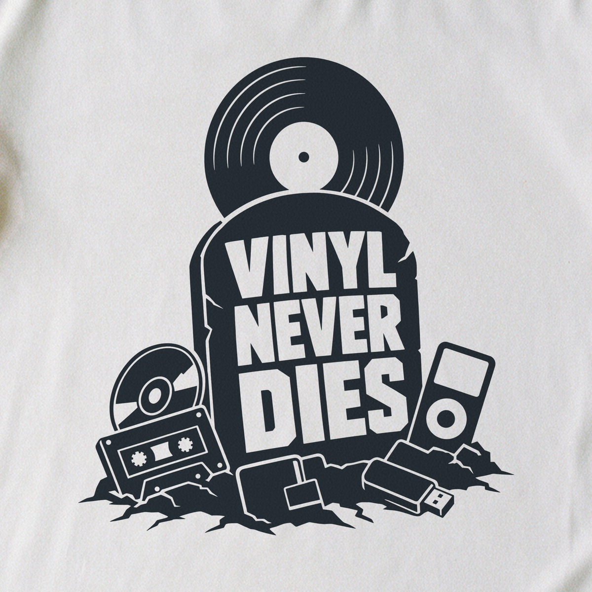 Vinyl Never Dies Tee - White close-up print