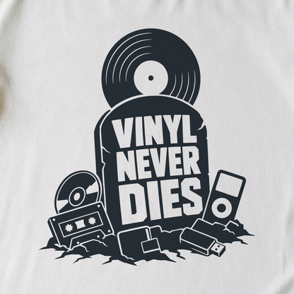 Vinyl Never Dies Tee - White close-up print