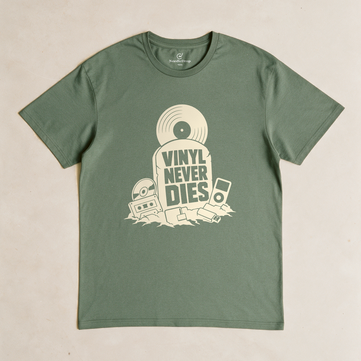 Vinyl Never Dies Tee - Military Green flatlay