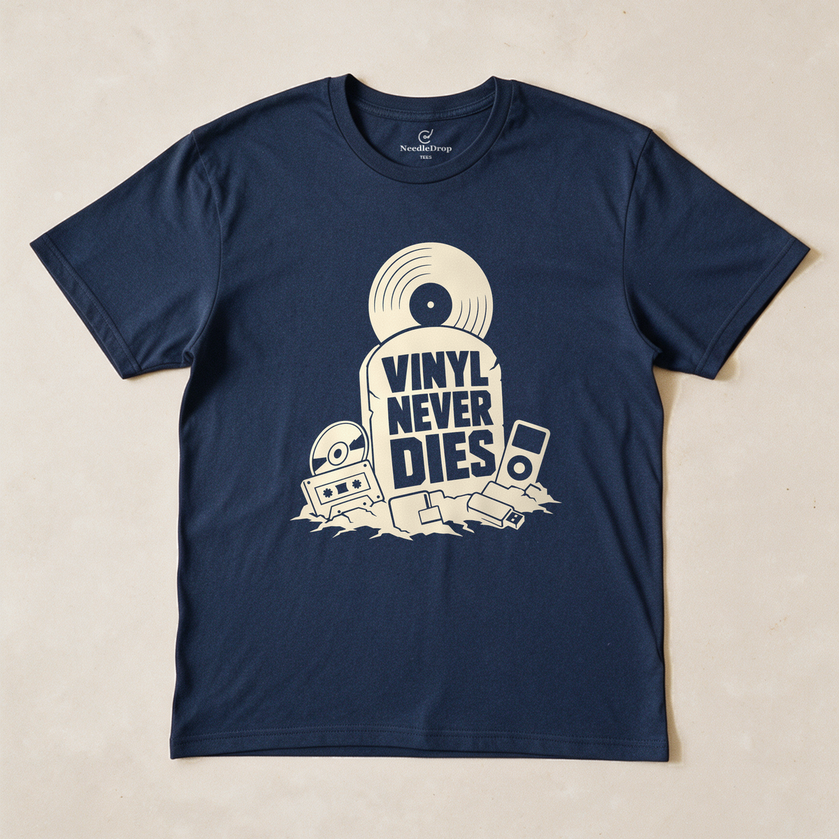 Vinyl Never Dies Tee - Navy flatlay
