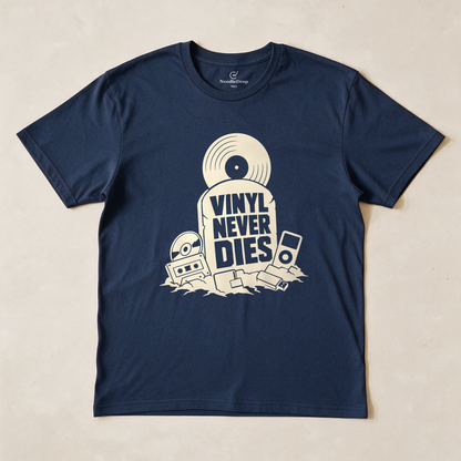 Vinyl Never Dies Tee - Navy flatlay