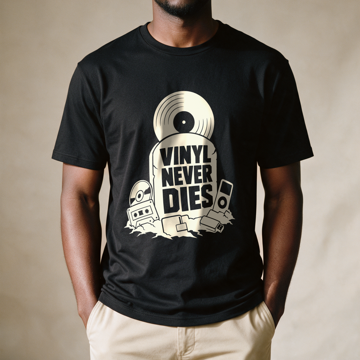 Vinyl Never Dies Tee - Black draagfoto