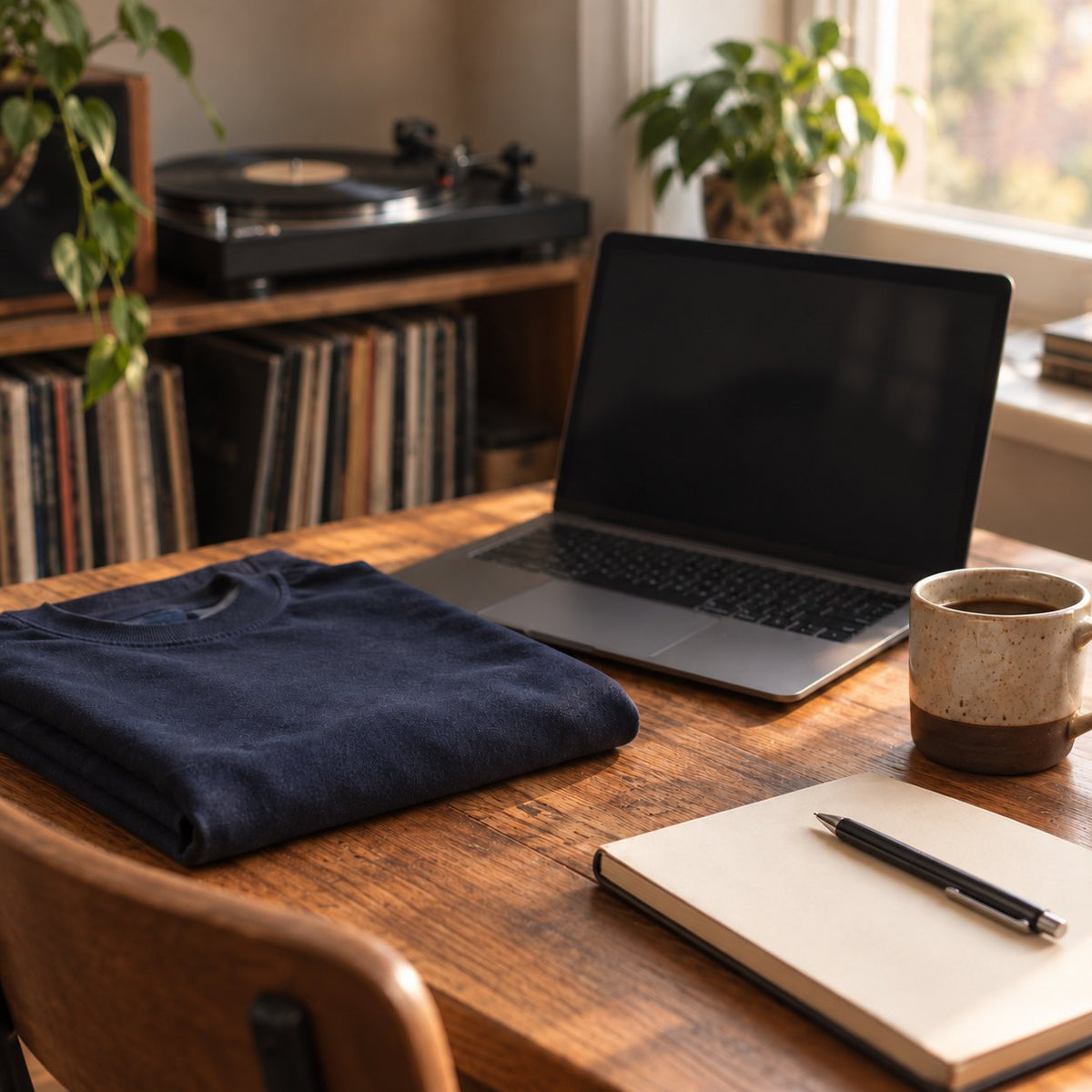 Quiet desk with a laptop with a dark screen, coffee and records