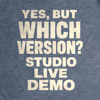 Yes, But Which Version? Tee - Dark Heather Grey close-up print