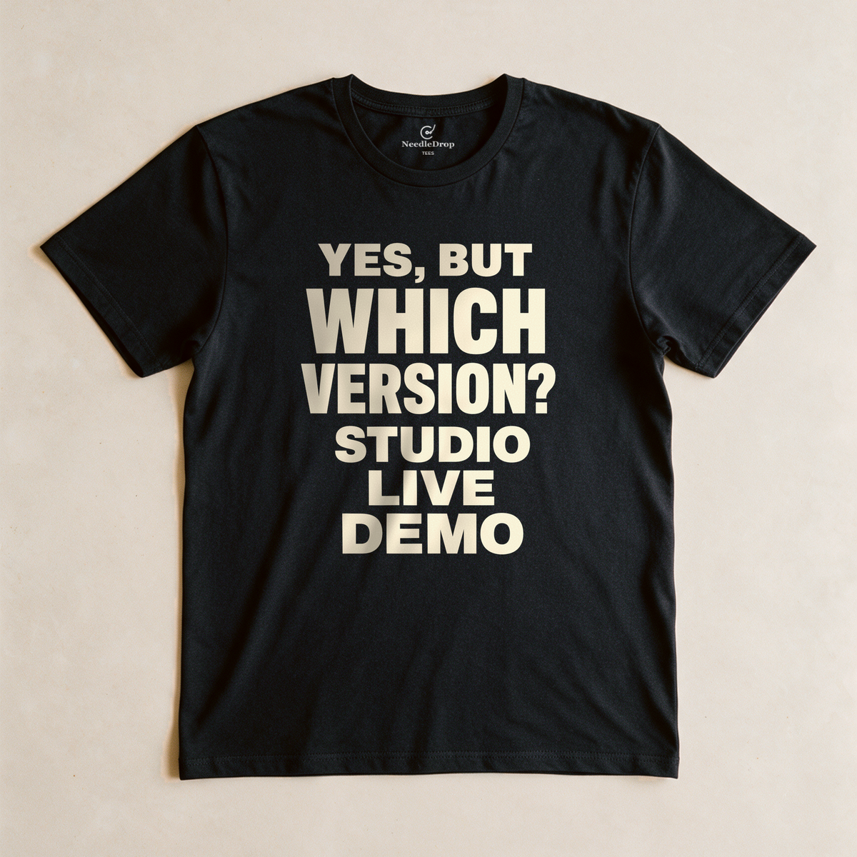 Yes, But Which Version? Tee - Black flatlay