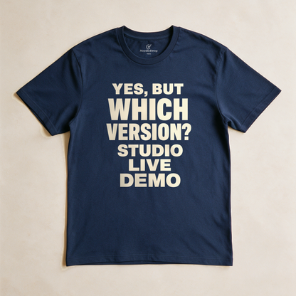 Yes, But Which Version? Tee - Navy flatlay