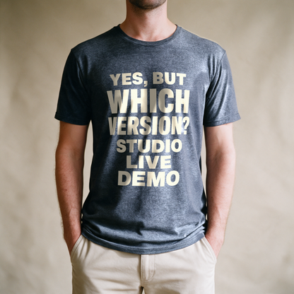 Yes, But Which Version? Tee - Dark Heather Grey draagfoto