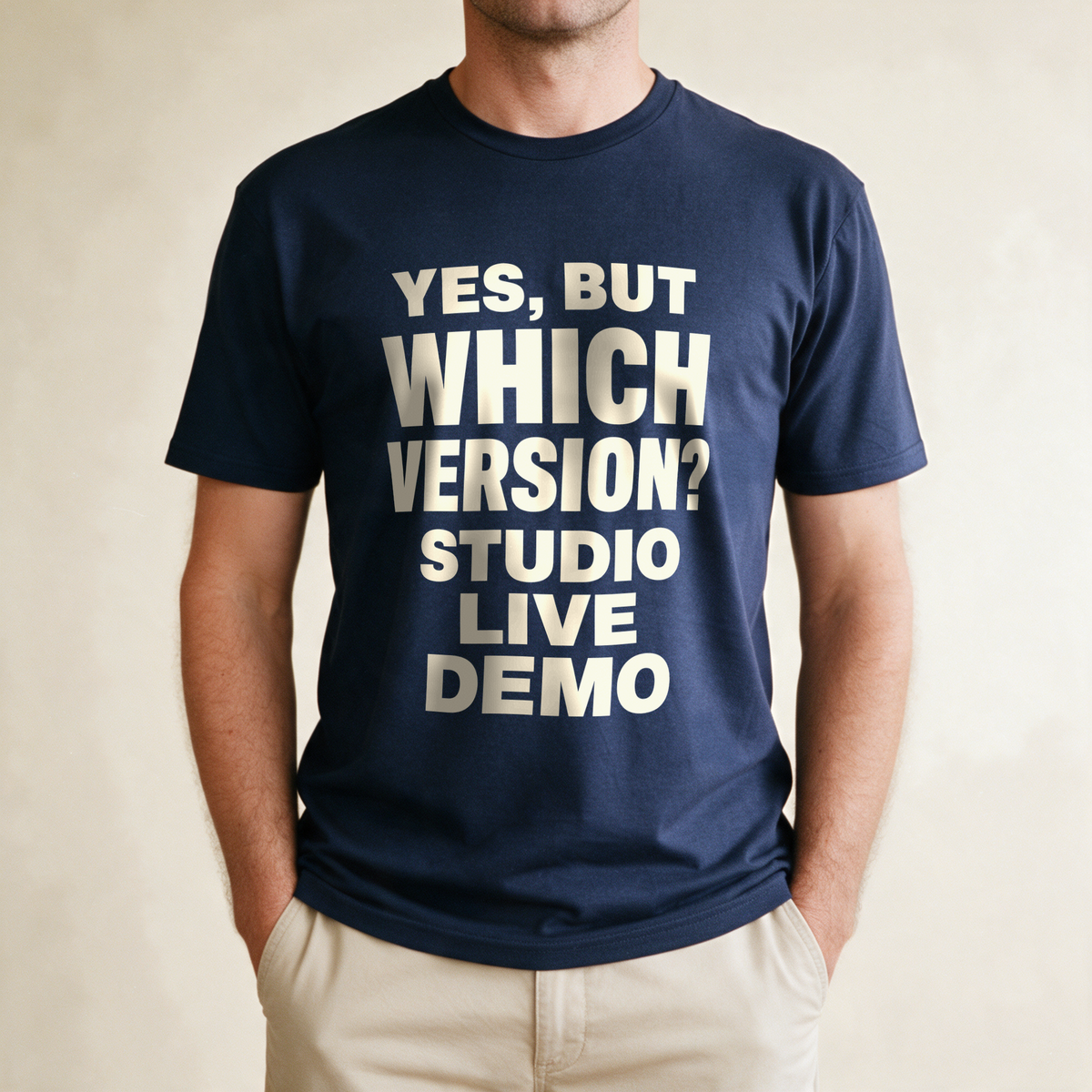 Yes, But Which Version? Tee - Navy draagfoto