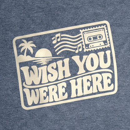 Wish You Were Here Postcard Tee - Dark Heather Grey close-up print