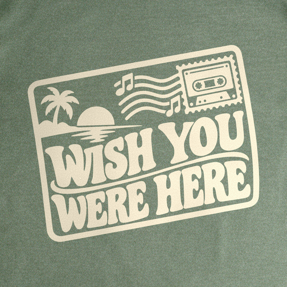 Wish You Were Here Postcard Tee - Military Green close-up print