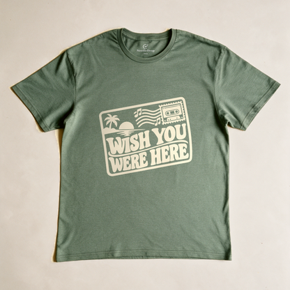 Wish You Were Here Postcard Tee - Military Green flatlay